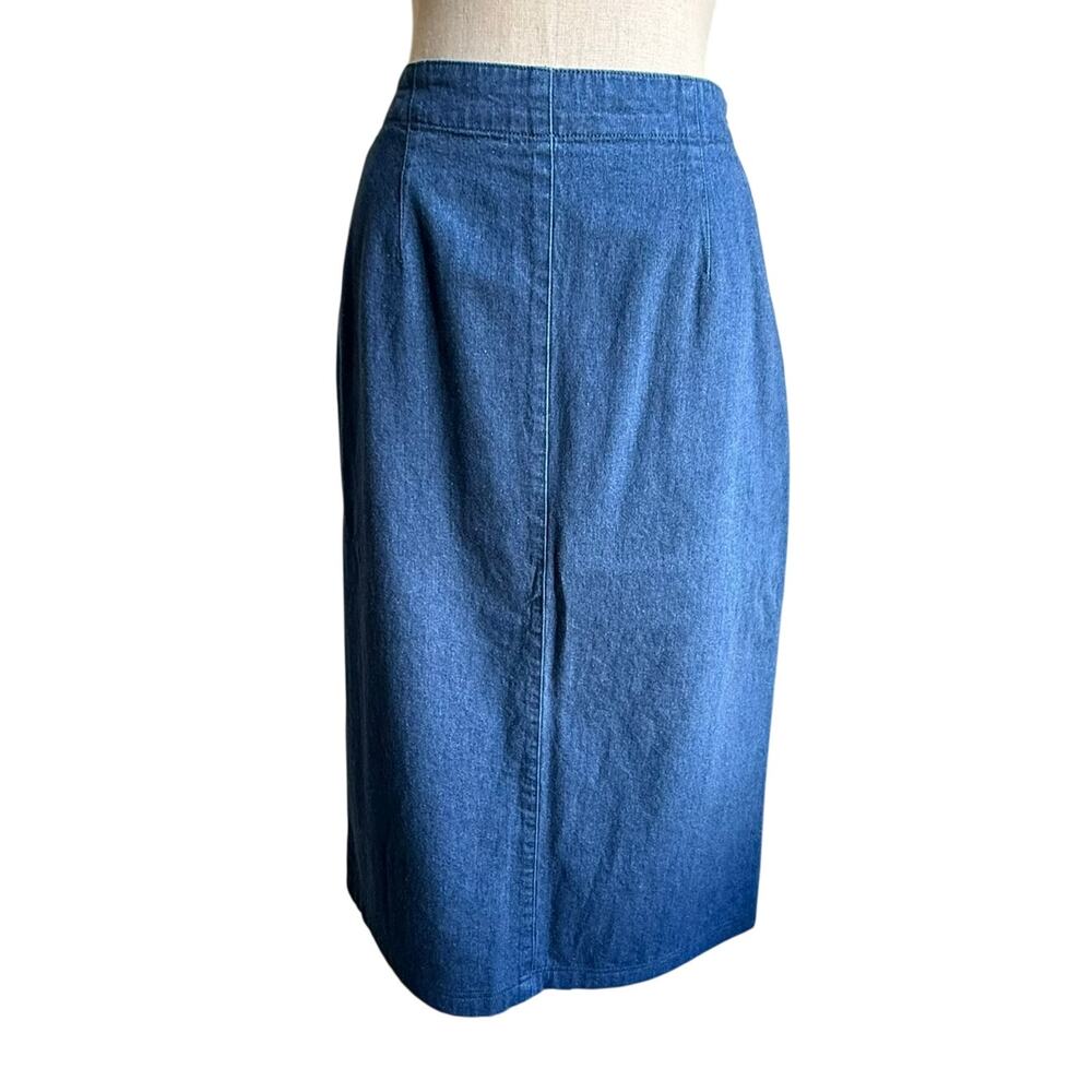 Talbots Petites Denim Midi Skirt Button Waist Pockets Size 8P